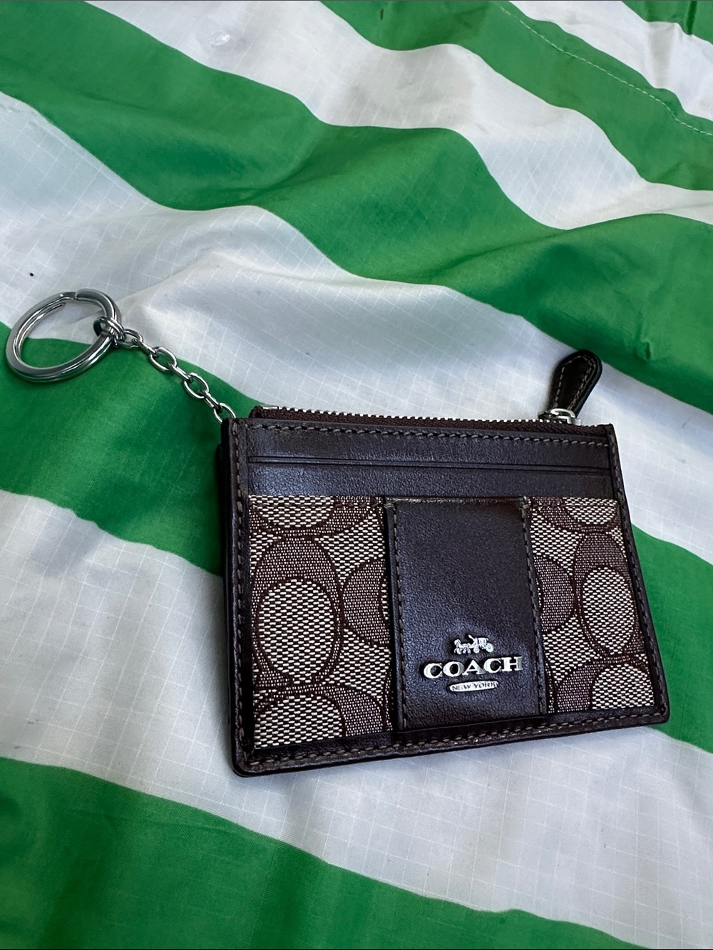 COACH skinny mini card holder maple jacquard signature
